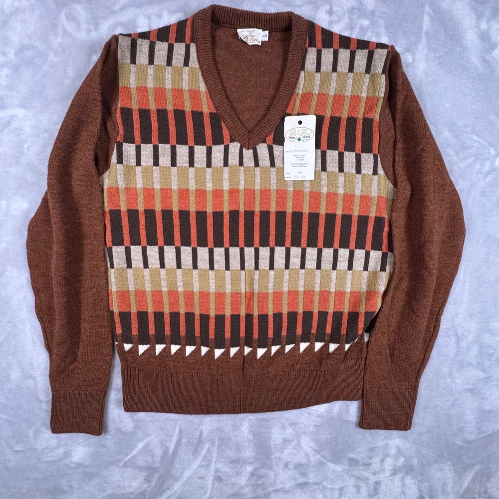 Vintage DiFini Stafford Brown Geometric V-Neck Sweater Ladies Small NWT USA